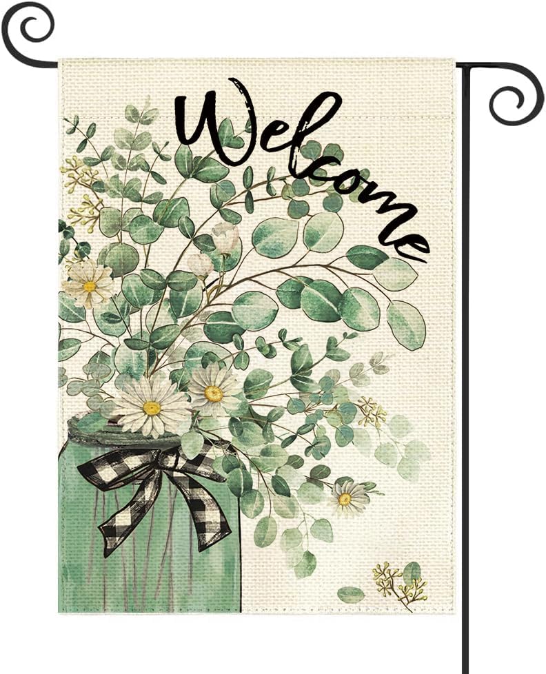 Baccessor Eucalyptus Mason Jar Spring Summer Garden Flag 12.5x18 Inch Vertical Double Sided Three Layers Welcome Sunflower Floral Buffalo Plaid Small Yard Seasonal Flag Farmhouse Outdoor Decoration