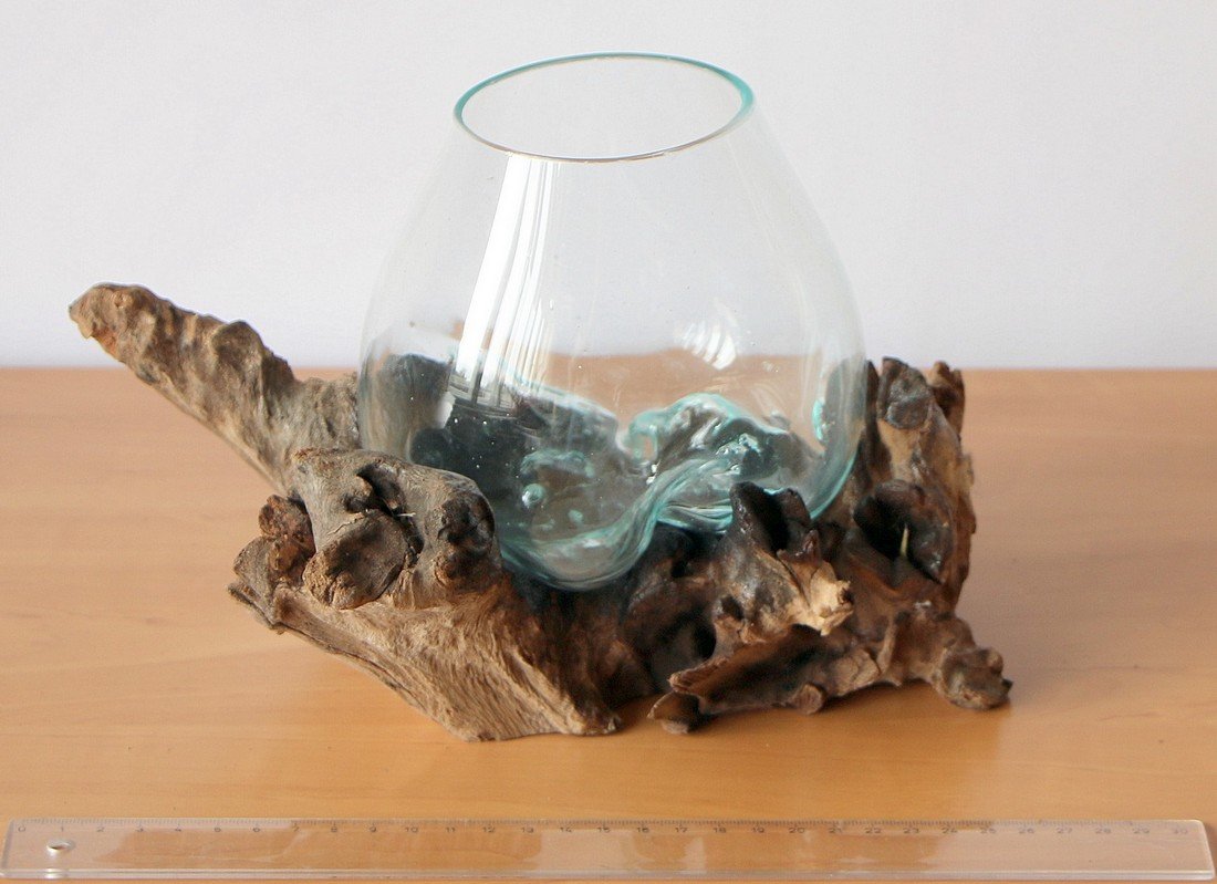 Regalo decorativo Gamal, radice di legno con vaso di vetro del diametro di 12 – 13 cm, radice di legno in teak, vaso di vetro S