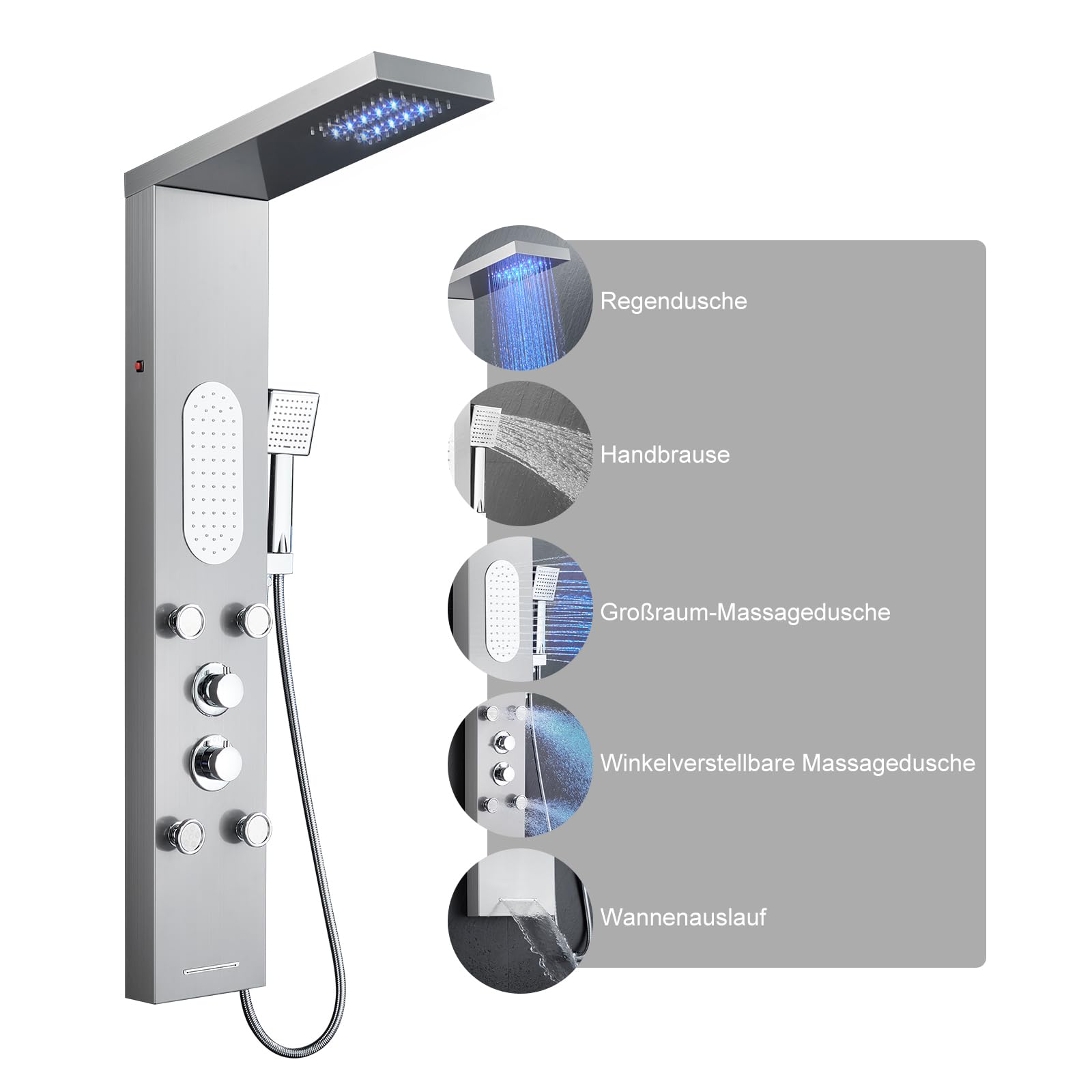 Duschpaneel LED 5-in-1 gebürsteter Edelstahl mit Armatur