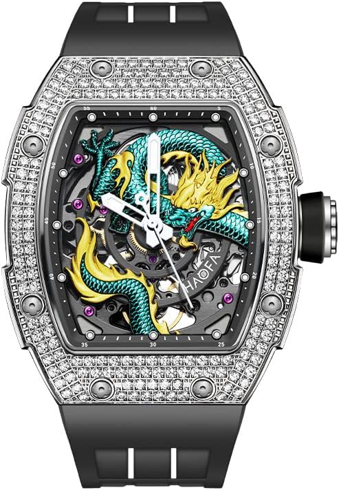 Haofa Reloj mecánico de esqueleto para hombre, reserva de energía 80H, esfera de dragón tallada en 3D, caja de diamantes de zafiro, impermeable,