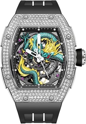 Haofa Skeleton Mechanical Watch for Men 80H Power Reserve 3D Carved Dragon Dial Diamond Case Sapphire Waterproof Luminous Automatic Watch Luxury Mens Watch 1968S