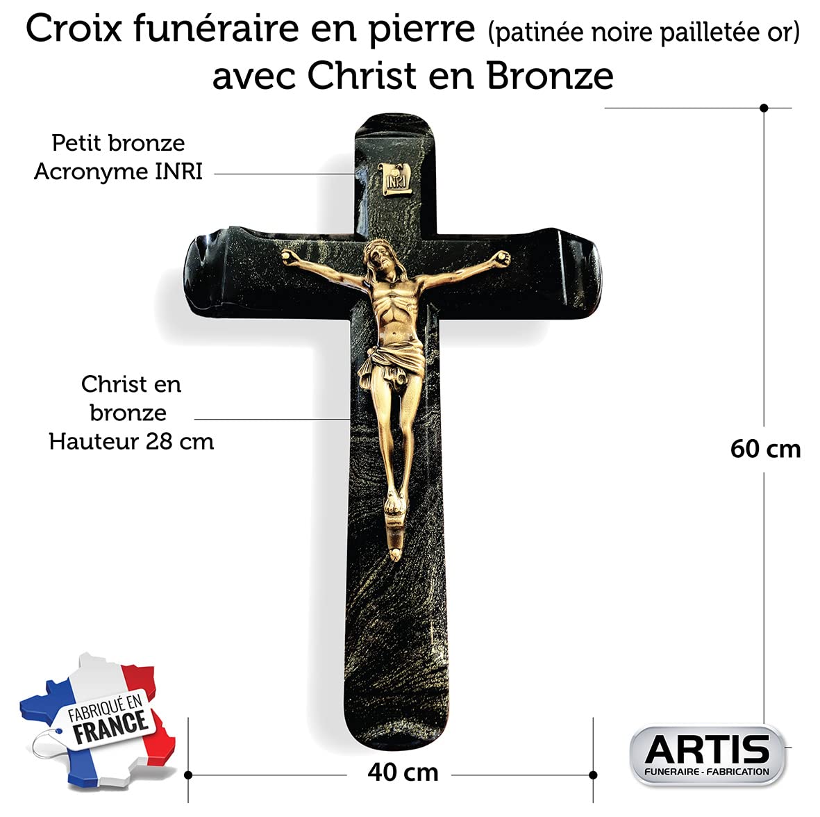 Croix Funéraire Pierre Noire Christ Bronze
