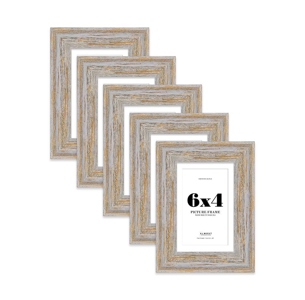 6x4" Walnut Woodgrain Picture Frame with 5x3" Mount - Shabby Chic Photo Frame with Distressed Finish, Wall Hooks and Kickstand, 32mm Edge - 5 Pack