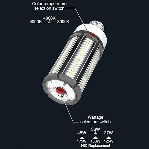 Miniatura 2 de Satco S23141/04 Hi-Pro - Lámpara LED de mazorca de maíz seleccionable con temperatura de color y potencia de color, repuesto HID, base EX39,