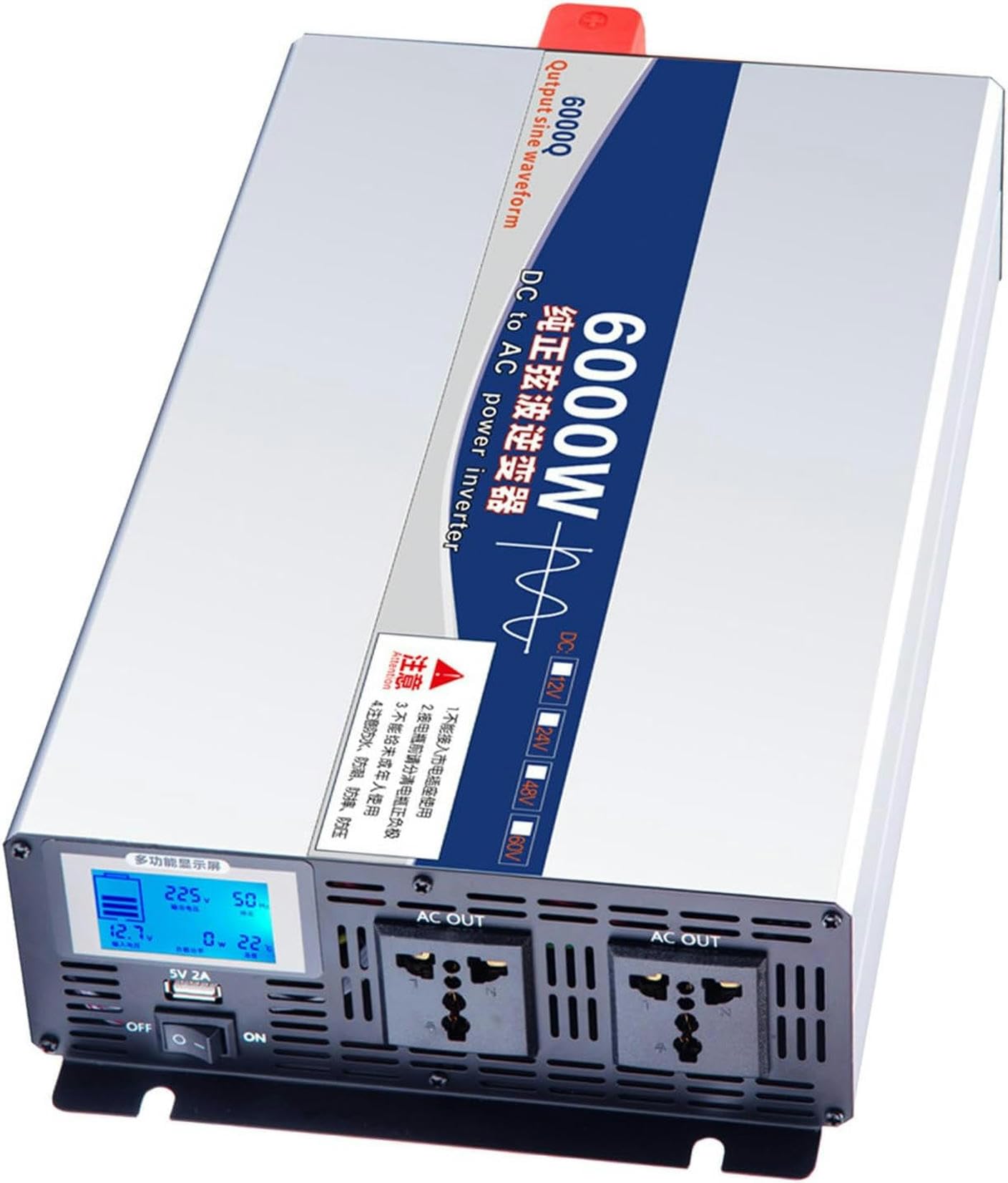 Onduleur de puissance 6000W avec double prise AC et écran LCD de contrôle de tension