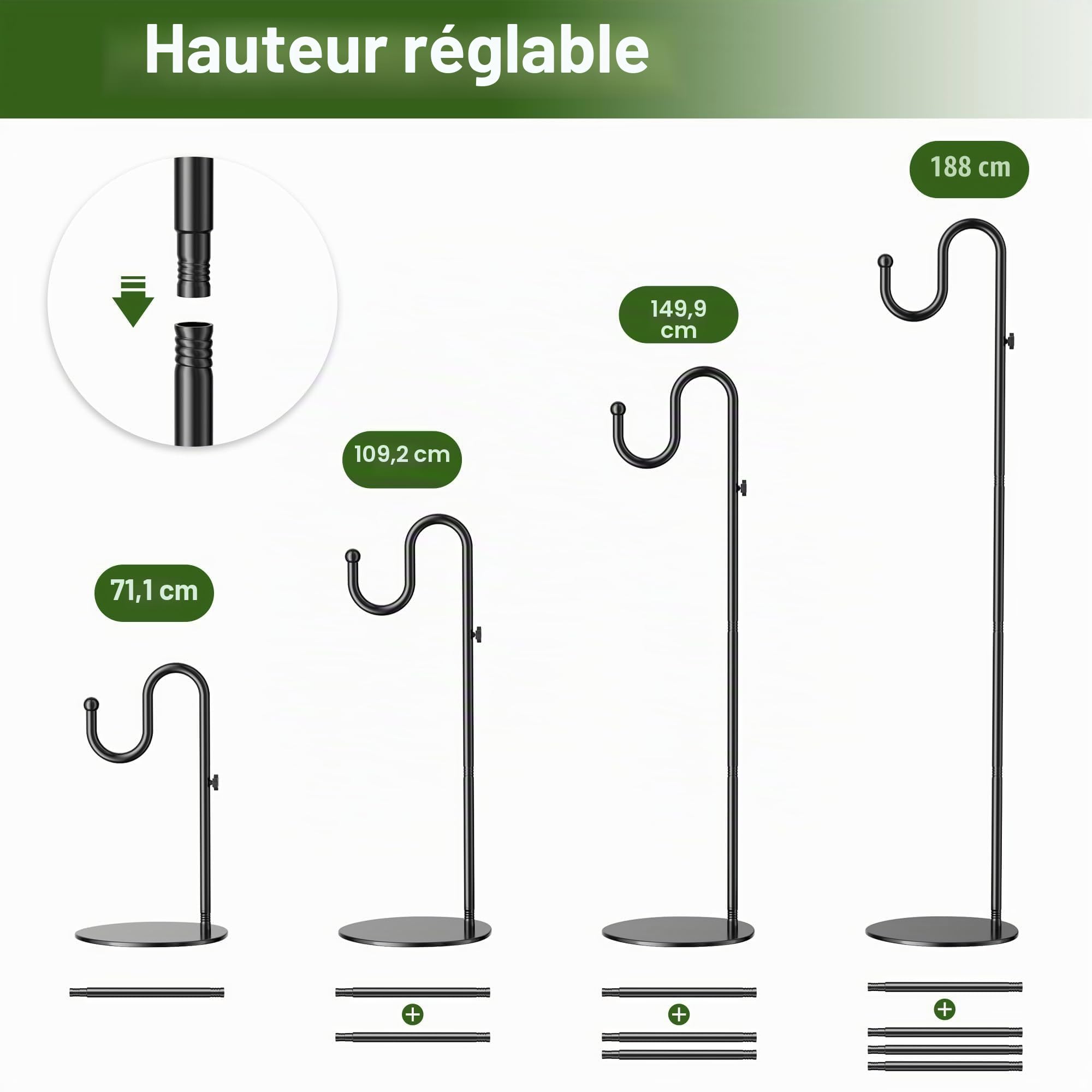 saffruff 188 cm Crochet de berger Réglable en hauteur Crochet métallique autonome Base pour mangeoires à oiseaux, pots de fleurs, carillons éoliens, lanternes, décorations de mariage