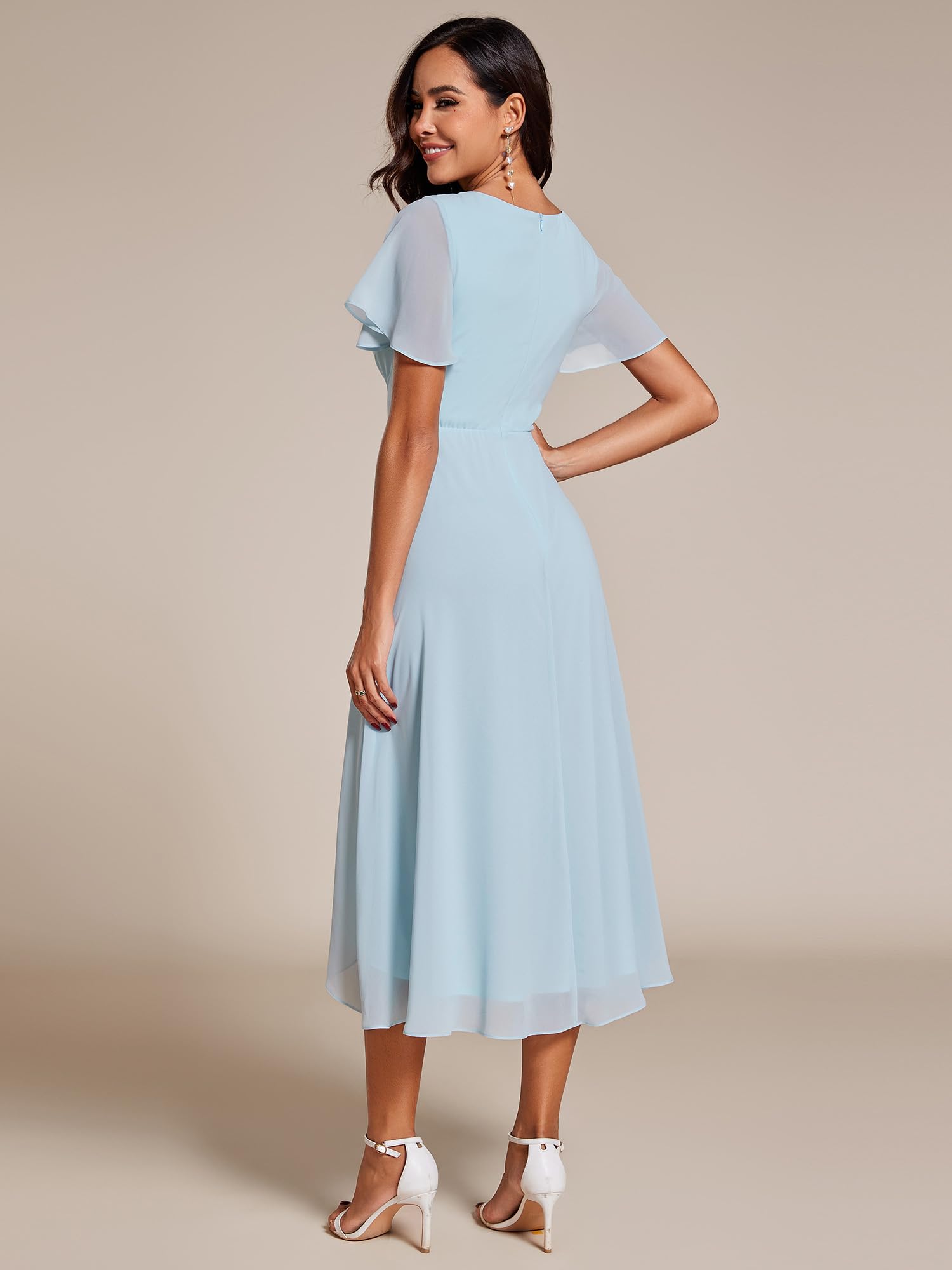 Ever-Pretty Hochzeitsgastkleid V Ausschnitt Rüschenärmel Chiffon Knielanges Abendkleid EG02084-P