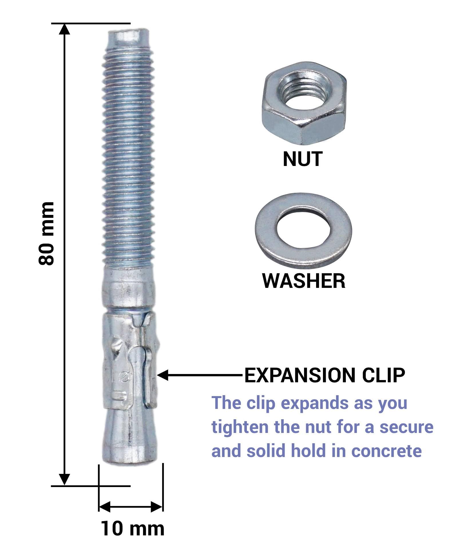 SKIR'CO (4 pcs) Zinc Plated Wedge Anchors M10 x 80 mm, Metal Dowels, Anchor Bolt, Masonry Anchors, Concrete Anchor - Image 4