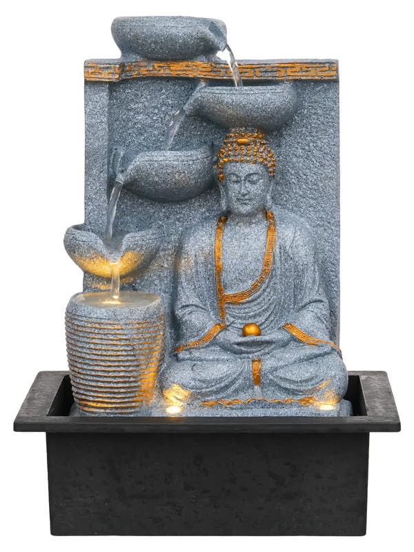 Image of Polyresin Grey Meditating Buddha Tabletop Indoor 4 Diya Steps Water Fountain for Home Decor with Yellow LED Light & Speed Controller Pump (Size: 40 x 29.5 x 22CM | Wt: 2685grm)