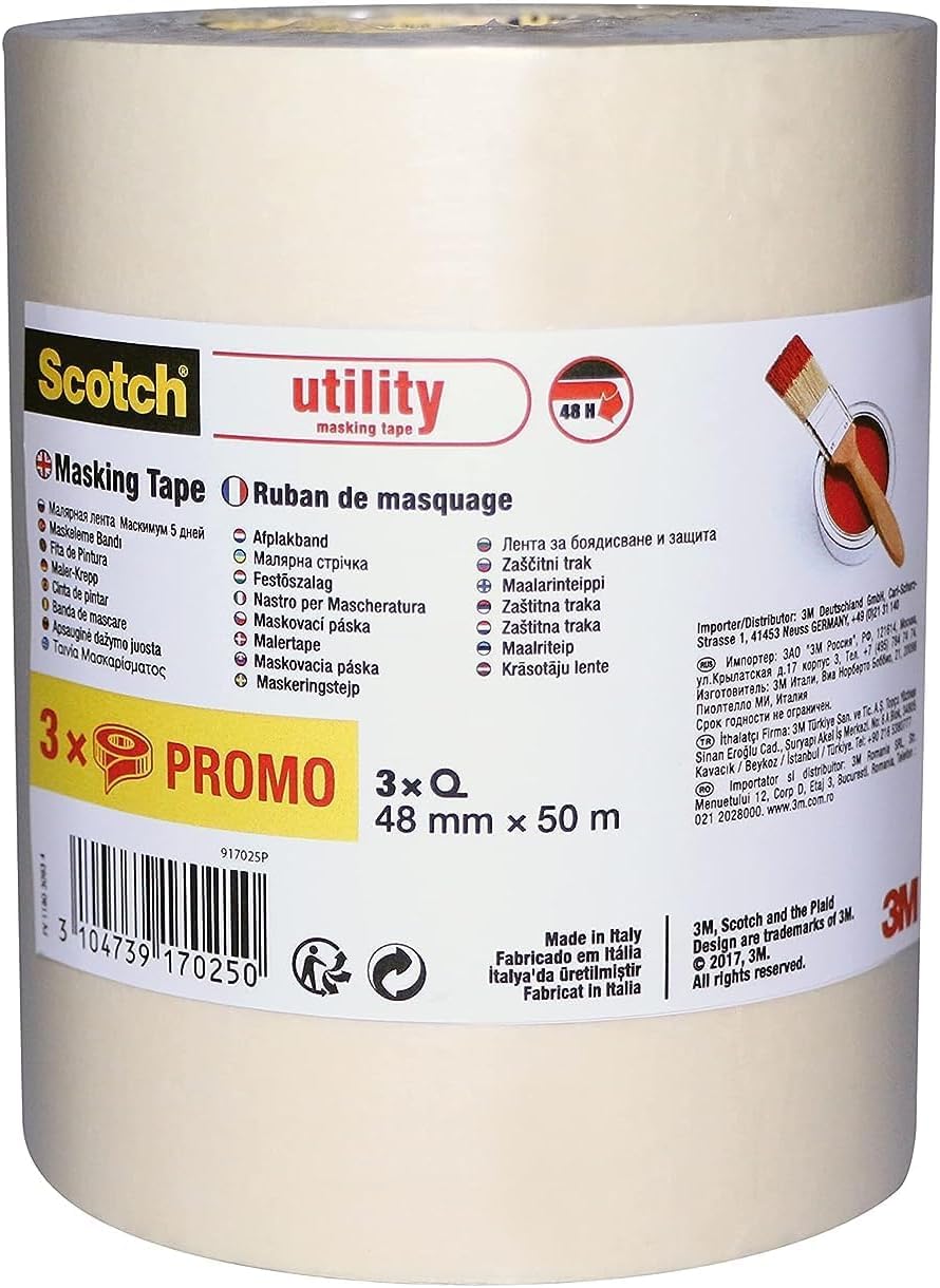 Scotch Utility Cinta de Enmascarar, Beige - 48 mm x 50m, 3 Rollos/Paquete, 70% PEFC