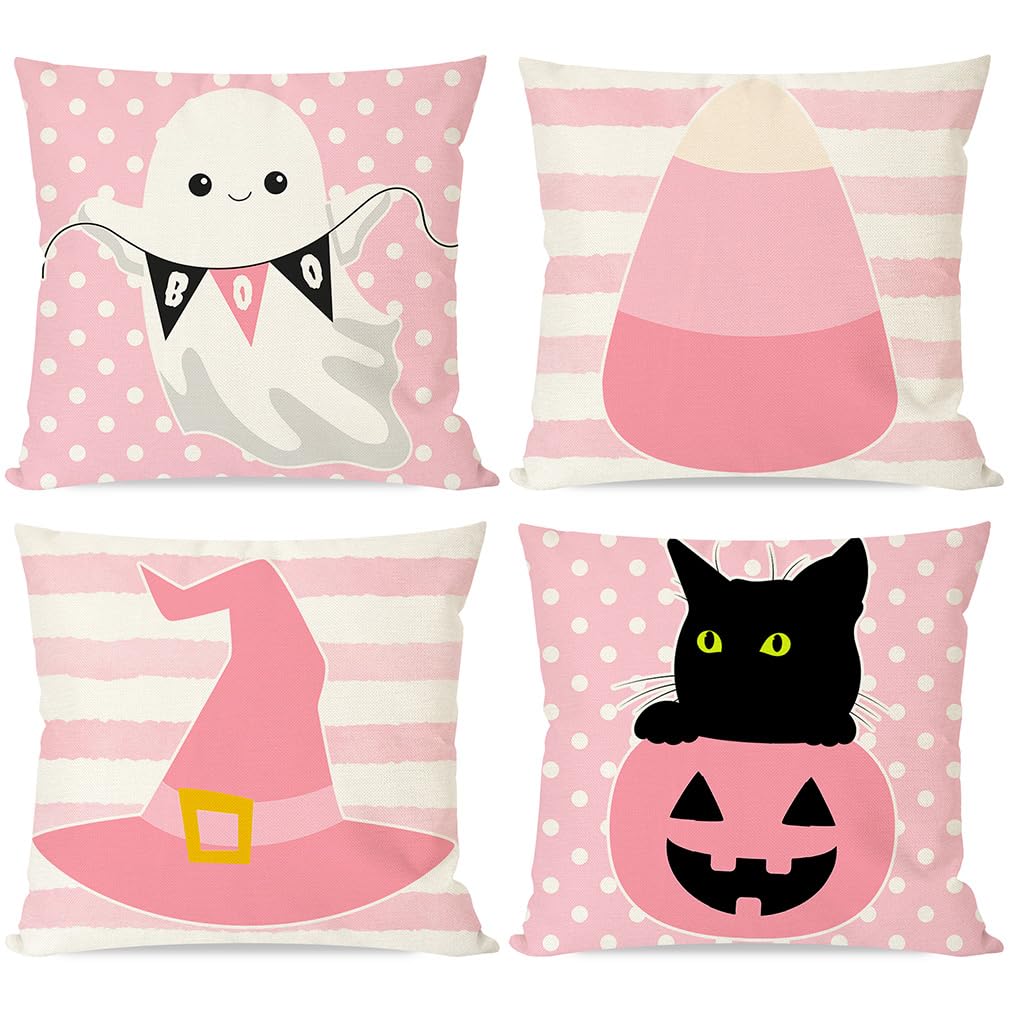 PANDICORN Pink Halloween Pillow Covers 18x18 Set of 4 for Home Decorations, Black Cat Pumpkin Ghost Witch Hat Candy Corn, Pink Stripe Polka Dot Fall Decorative Throw Pillow Cases Outdoor Decor