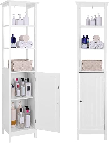 VASAGLE - Gabinete multifuncional para baño con estante de 3 niveles torre para toallas de madera color blanco VASAGLE - Gabinete multifuncional para baño con estante de 3 niveles torre para toallas de madera color blanco