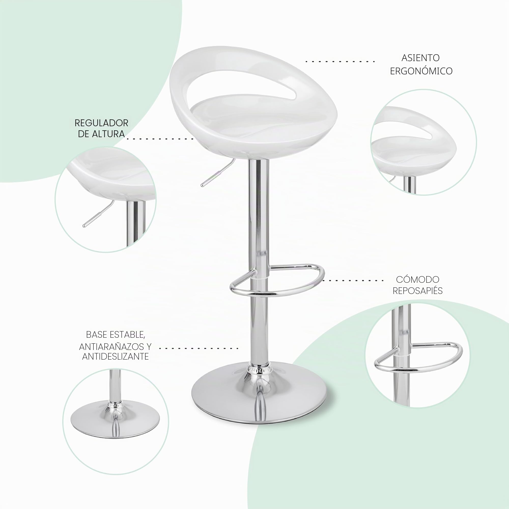 Baroni Home Taburete Giratorio de Altura Ajustable, Asiento de Plástico y Espiga, Base Cromada, Reposapiés y Fondo Antiarañazos, Taburete de Cocina y Península, 37x45x59-79 cm, Blanco, 1 Pieza