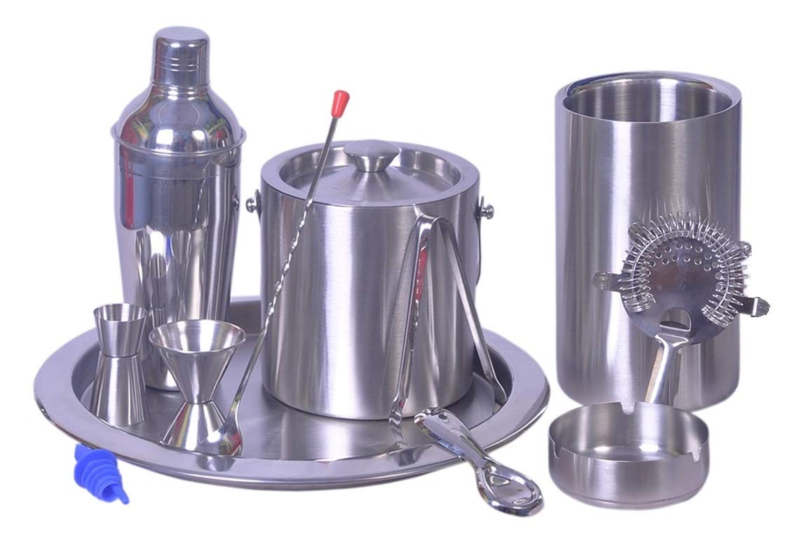 Dynamic Store 12 pcs bar set - delux cocktail shaker - 750 ml, 2 double sided peg measure, double wall ice bucket, ice tong, bottle opener, bar tray, strainer, pourer, bar spoon, ash tray, wine cooler