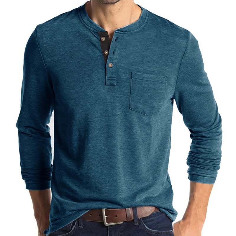 Men's Vintage Henley Shirt Long Sleeve - Relaxed Fit Button Down Casual T-Shirt (Patriotic Print Options)