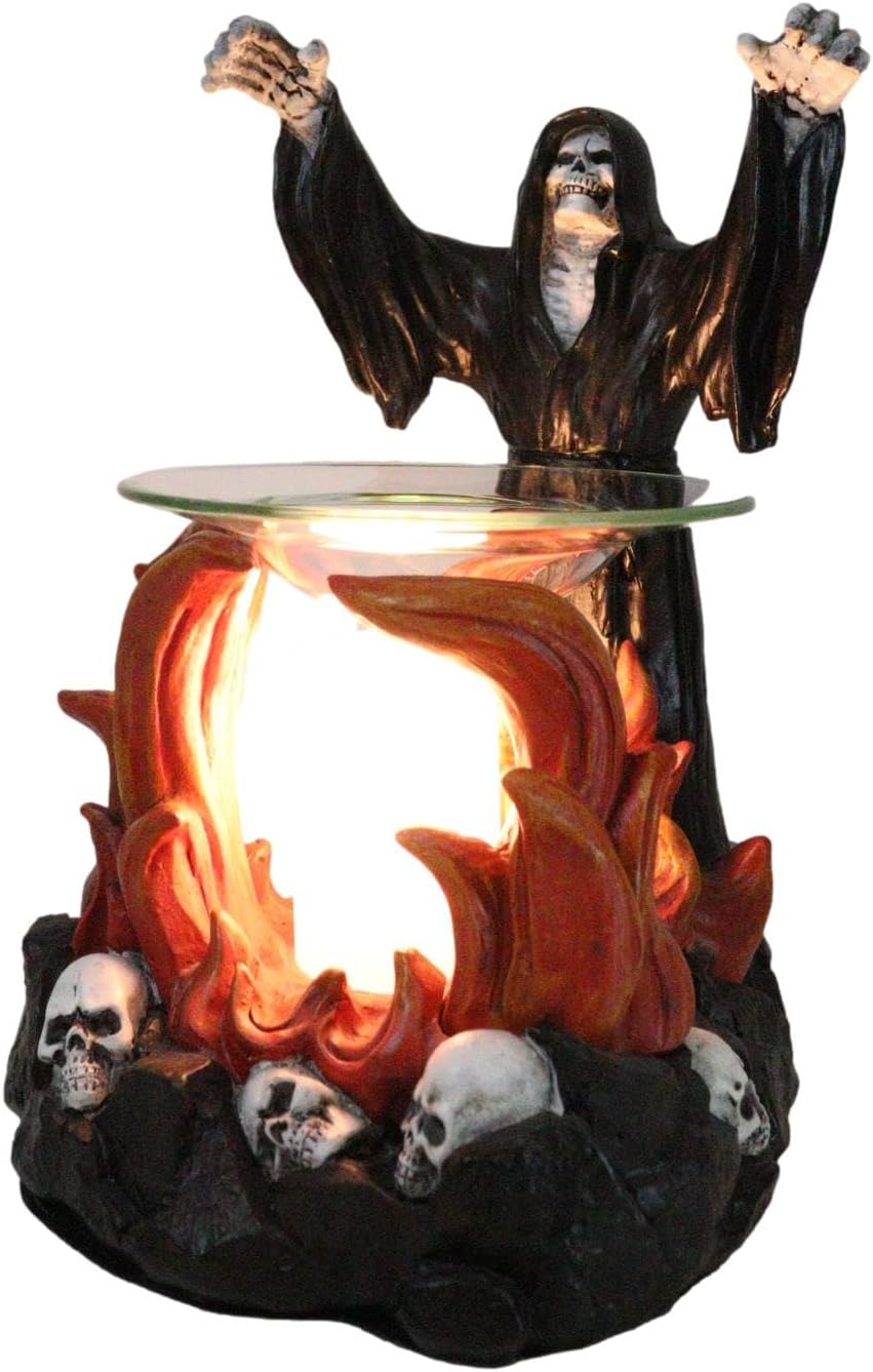 Ebros Fantasy Macabre Dark Conjuring Grim Reaper with Fire Magic Electric Oil Burner Warmer Aroma Scent Statue Long Home Fragrance Decorative Skulls Skeletons Accessory Figurine