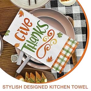 Seliem thanksgiving give thanks pumpkin kitchen dish towels set of 2 fall buffalo plaid check bow hand towels drying baking cooking cloth autumn maple leaves farmhouse home kitchen decor 18×26 inch  urban country home decor