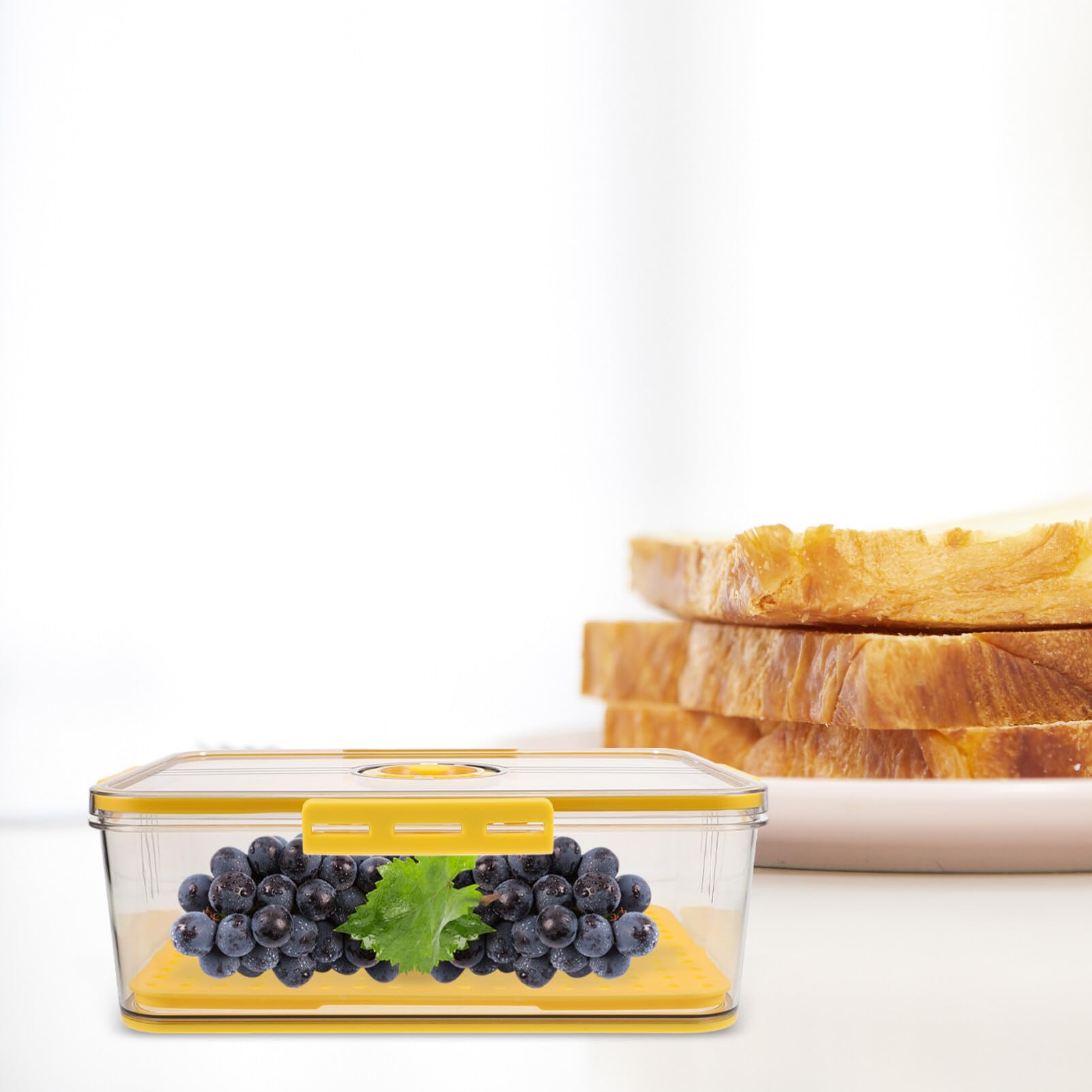 Kühlschrankbox Frischebox aus Pet mit 4-seiten Verschluss und Dichtungsring | Abtropfplatte, Gelb, für Küche und Vorratsraum, mit Zeitwahl für Obst und Zutaten