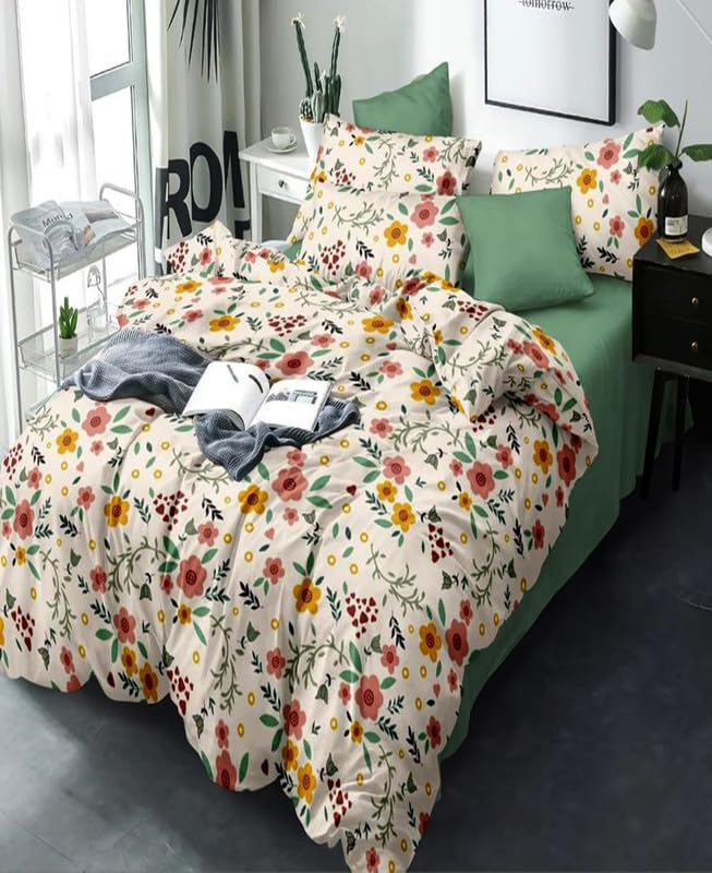 Image of Polycotton Single Bed Bedsheet, Flat Sheet with 1 Pillow Cover, Queen (60x90 inch), 300 TC, Yellow & Cream, Set of 2