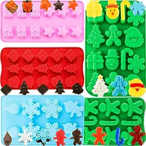 Christmas Silicone Chocolate Molds 5PCS Christmas Trees Snowflake Socks Bells Gingerbread Man Santa Shape Baking Molds for Chocolate Jelly Soap Fondant Candy Candles Pastry Gummies Cake Decorating