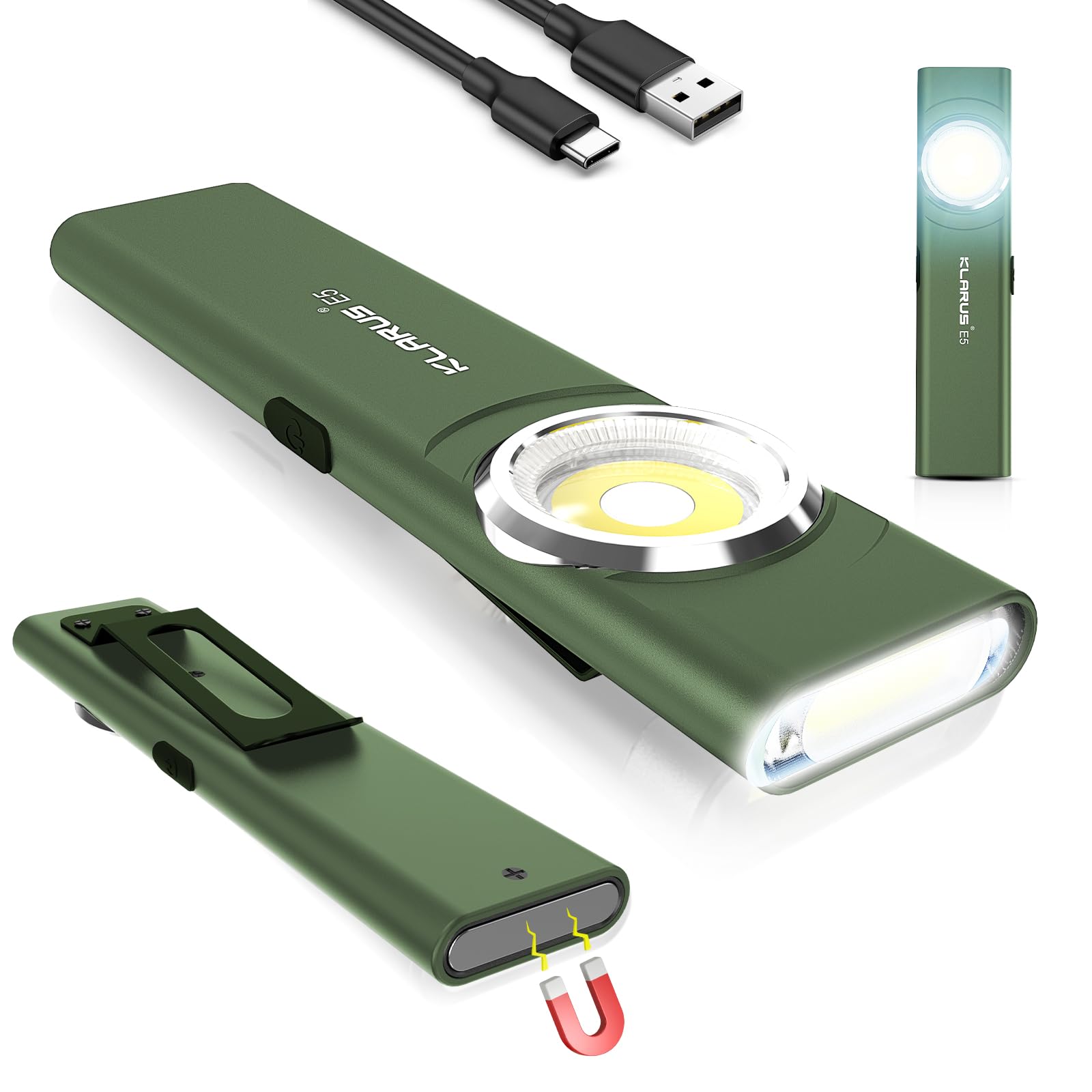 klarusE5 Mini EDC Torch,USB C Rechargeable Torches with 600 lumens COB Work Light,Flat Flashlight with Magnetic Base and Buckle Clip Suitable for Hiking, Camping,Emergency (Green