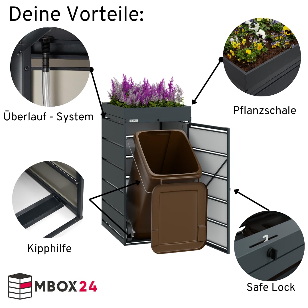 Classic Flora | Mülltonnenbox 1er für 120l mit Pflanzdach - Mülltonnenverkleidung aus verzinktem Stahl in Anthrazit, robuster & wetterfester Mülltonnenunterstand