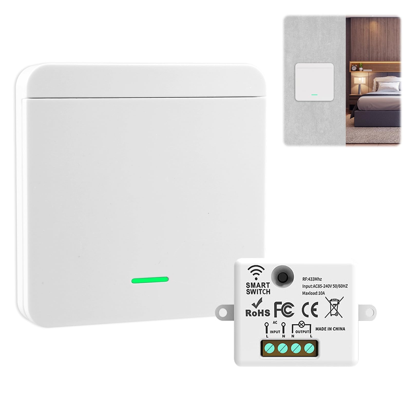 Interruptores de Luz Inalámbrico con 1 Interruptor y 1 Receptor 10A 230V 433MHzInterruptor de Pared Inalámbricos para Lámparas Interior y Exterior (1 Interruptor y 1 Receptor)