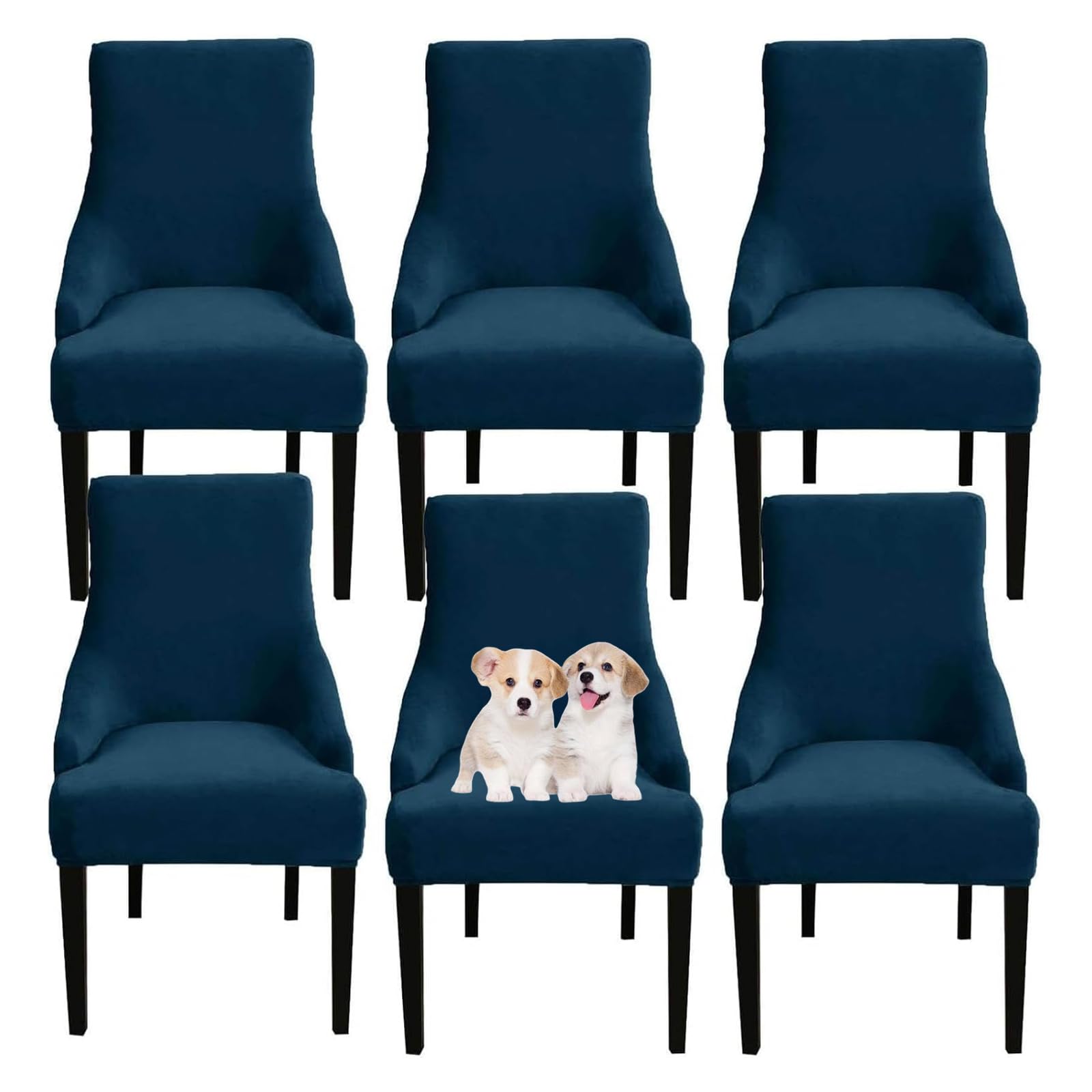 GUYIRT Velvet Wingback Dining Chair Covers, Stretch Wingback Side Chair Slipcover, Sloping Arm Chair Cover, for Home, Banquet (blue,set of 6)