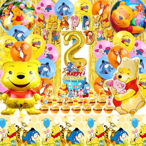 Winnie l'Ourson Kit Anniversaire 2 Ans - 53 Pièces Décoration avec Ballons, Nappe - Fête 2 Ans