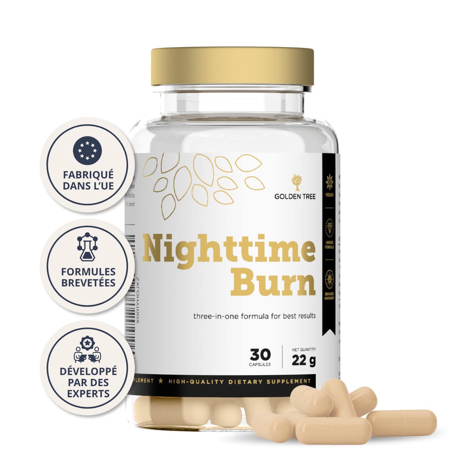 Golden Tree Nighttime Burn – Gélules de Fibres, 30 pièces | Figuier de Barbarie, Vitamine B3, Vitamine B6, Racine de Valériane & L-Carnitine, Sans Caféine