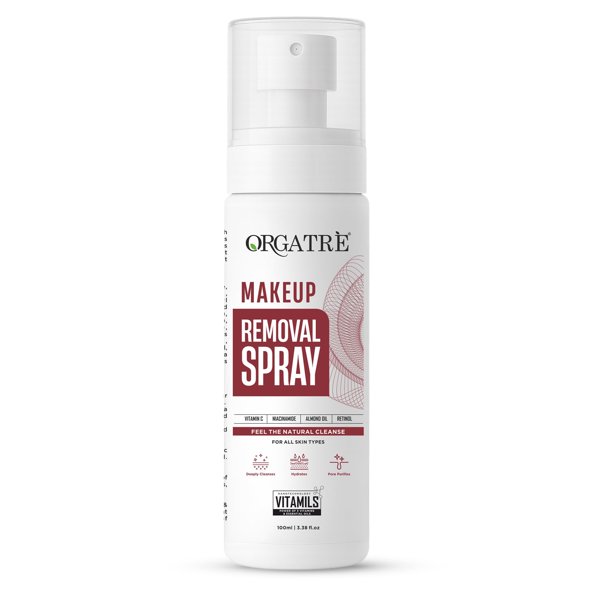 Orgatre Makeup Removal Spray for Women | Makeup Cleansing Water with Vitamin C, Niacinamide, Almond Oil & Retinol | Removes Waterproof Makeup, SPF & Impurities | Soft & Glowing Skin | 100ml-image-14