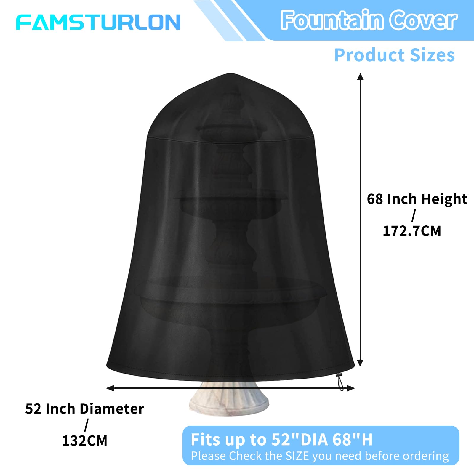 68Hx52D” Fountain Cover, Garden Statue Cover,Fountain Protector with Drawstring Weather Resistant for Winter Outdoor Patio Fountain, 210D Oxford Well Pump Cover with Drawstring Organizer Bag