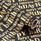WRAPAHOLIC 3D Kraft Birthday Wrapping Paper Roll - Mini Roll - 17 Inch x 16.5 Feet - Gold and Black Happy Birthday Lettering Design with Embossed Perfect for Holiday, Party Celebration