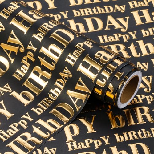 WRAPAHOLIC 3D Kraft Birthday Wrapping Paper Roll - Mini Roll - 17 Inch x 16.5 Feet - Gold and Black Happy Birthday Lettering Design with Embossed Perfect for Holiday Party Celebration