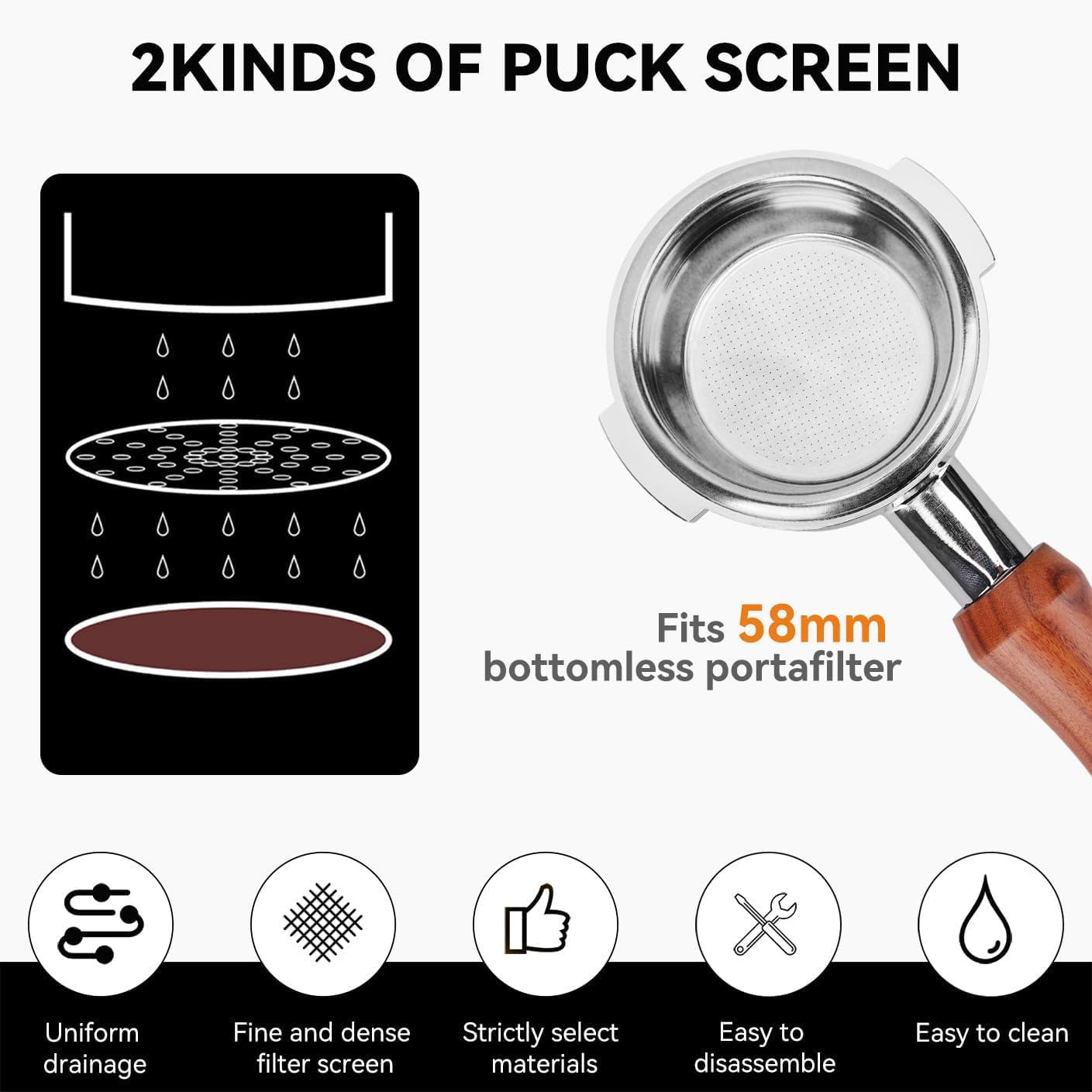 Portafiltro Senza Fondo 58mm Per Macchine E61 – Cestello Acciaio Inox 304 E Manico In Legno – Filtro A 2 Orecchie - 5