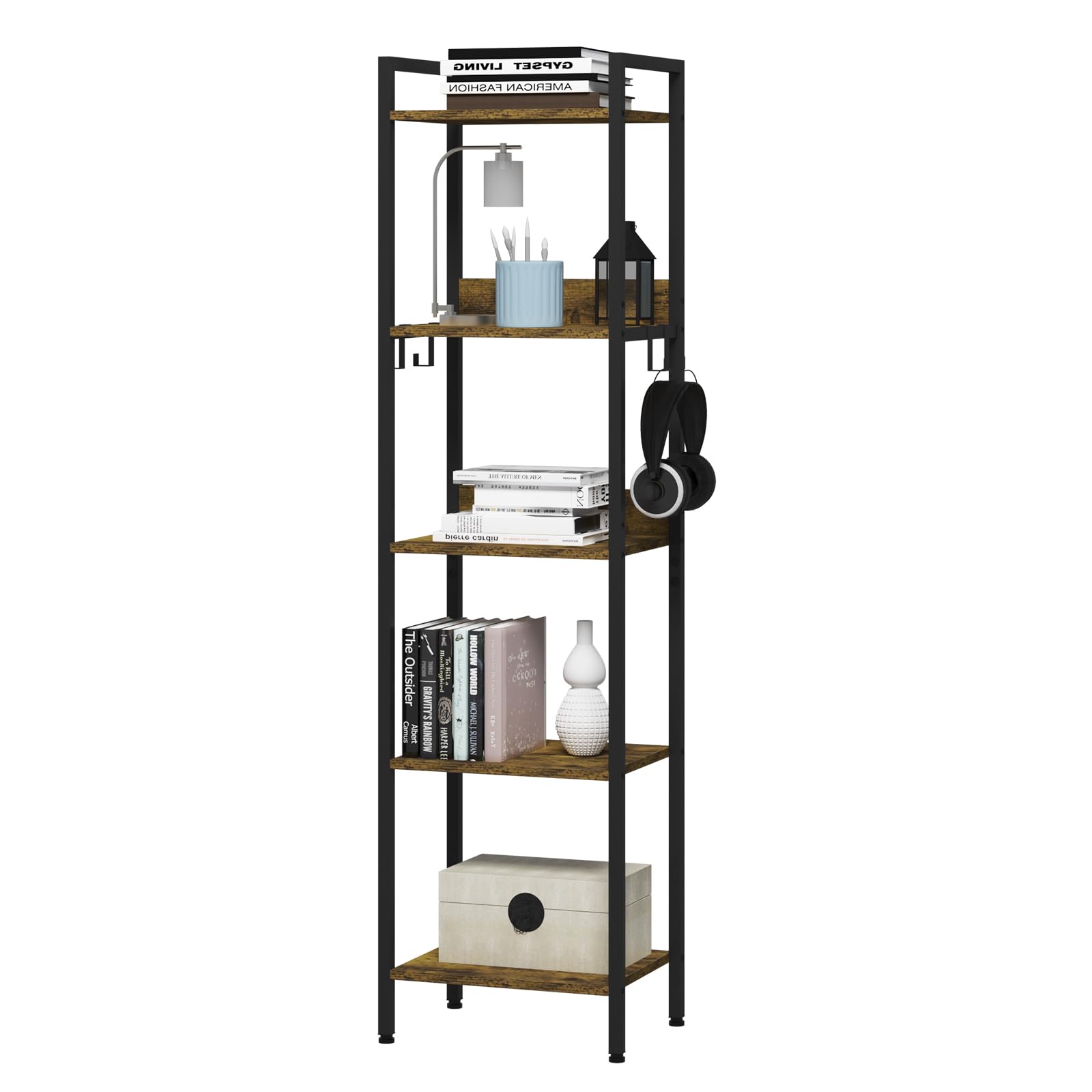 WOLTU Lagerregal mit 5 Ebenen, Küchenregal mit 4 Haken, Bücherregal im Industriestil, Standregal im Wohnzimmer Küche, schmales Leiterregal, Schwarz + Vintage Holzoptik, 40x30x152,5cm