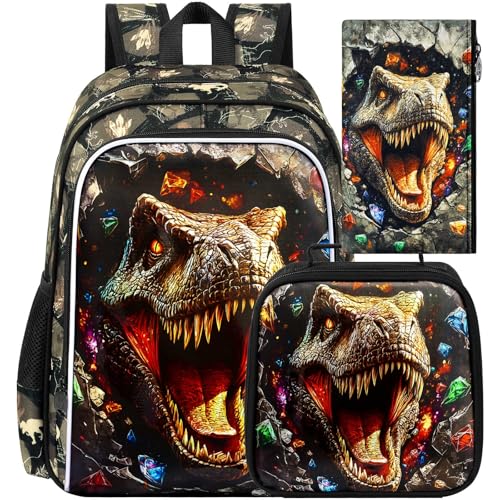 Image of 16 inch Dinosaur Backpack for Boy, 3Pcs Kids Bookbag for Elementary Preschool Kindergarten, Diamond School Backpacks with Lunch Box (Black)