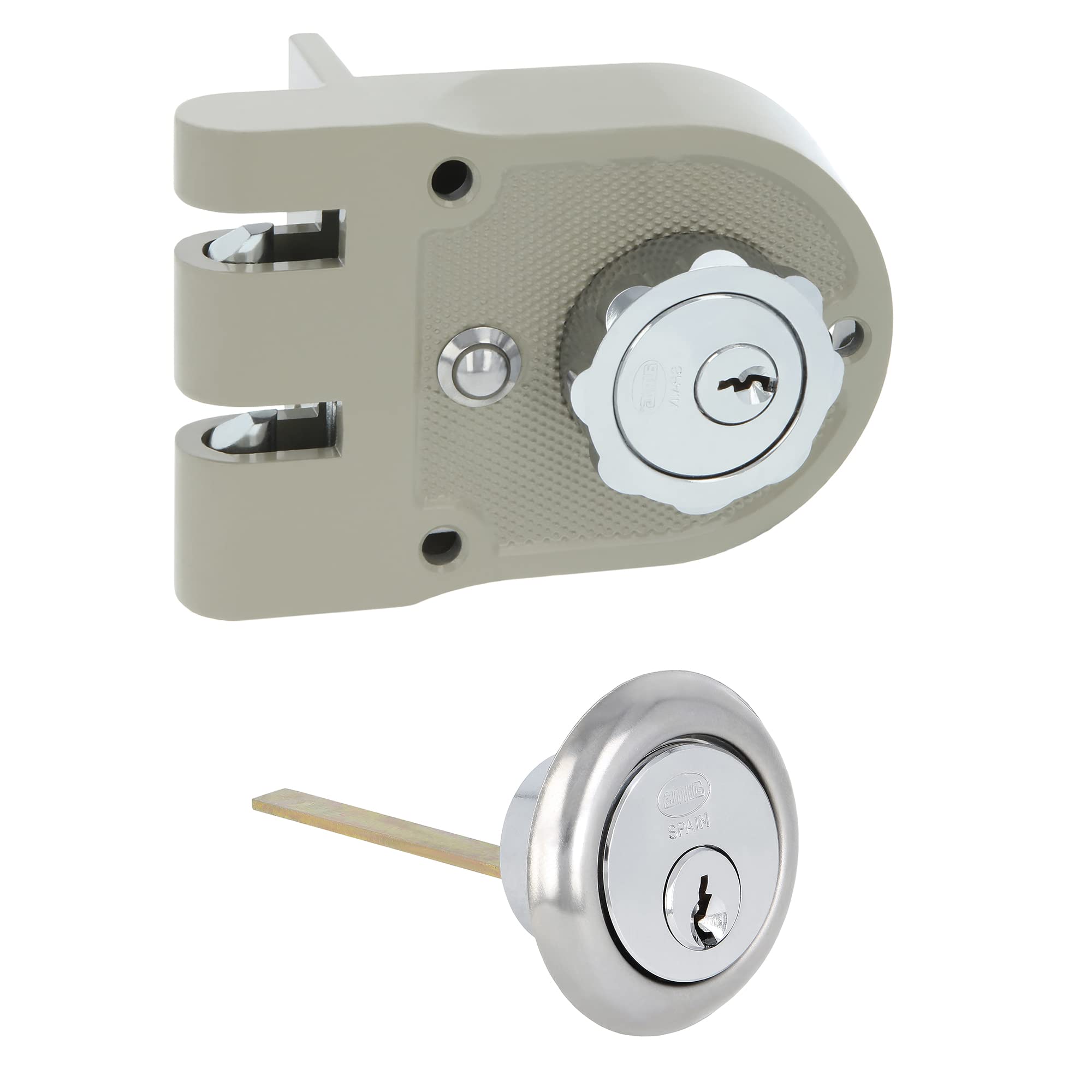 Amig - Aufschraubschloss DIN links mit Schließhebel, Falle und Ziehgriff für Holztüren Mod. 1396-60 mm - Riegel mit Innen- und Außenzylinder - Stahl beige
