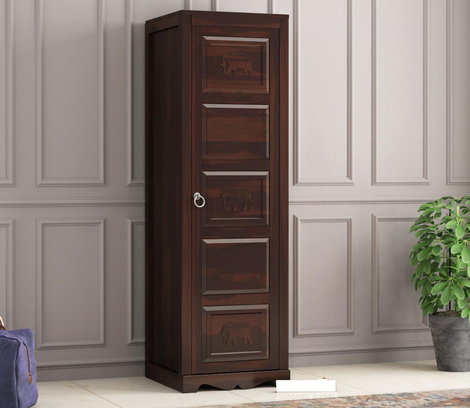 DR HOME'S DECOR Solid Sheesham Wood Single Door Wardrobe | Wooden Almirah with Hanging Rod, Internal Drawer & Storage Shelves | Handcrafted Elephant Carving Clothes Cabinet for Bedroom | Walnut Finish-image-47