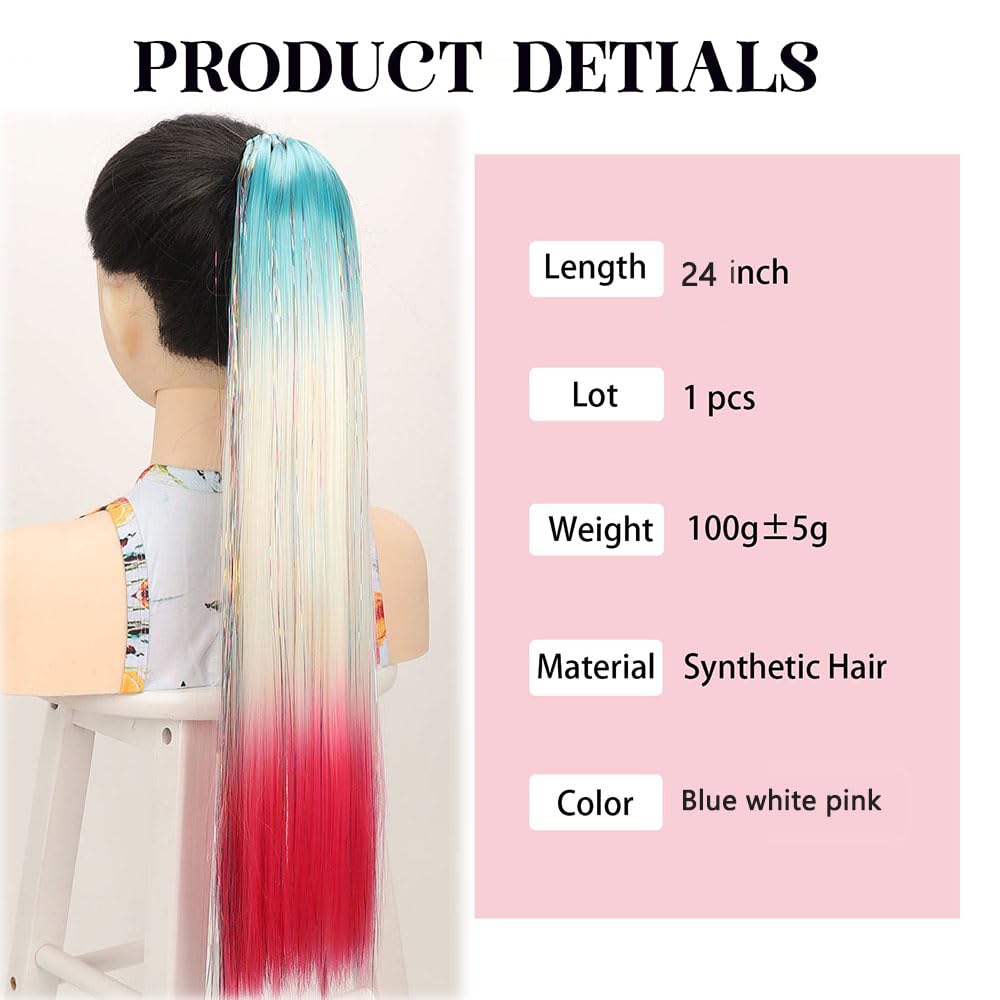 Rainbow Ponytail Extension With Hair Tie Coloured Hair Extension for Braiding Mermaid Glitter Pony Tail Hair piece for Daily Party Costume DIY Braids Blue white pink - Image 2