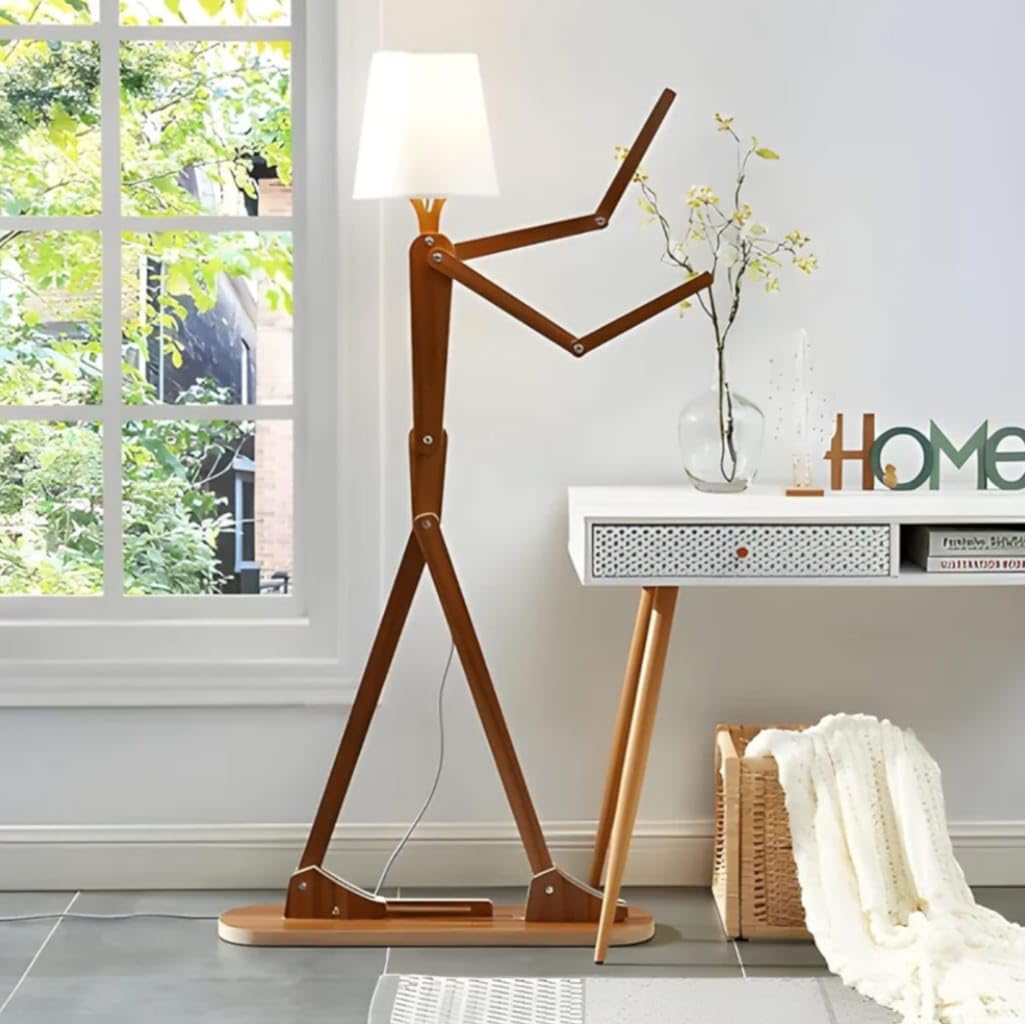 Humanoid Figure Wooden Floor Lamp with White Fabric Shade | Adjustable Poseable Arms, Living Room Decor, Solid Wood Base, Unique Artistic Design, Standing Light Fixture-image-0