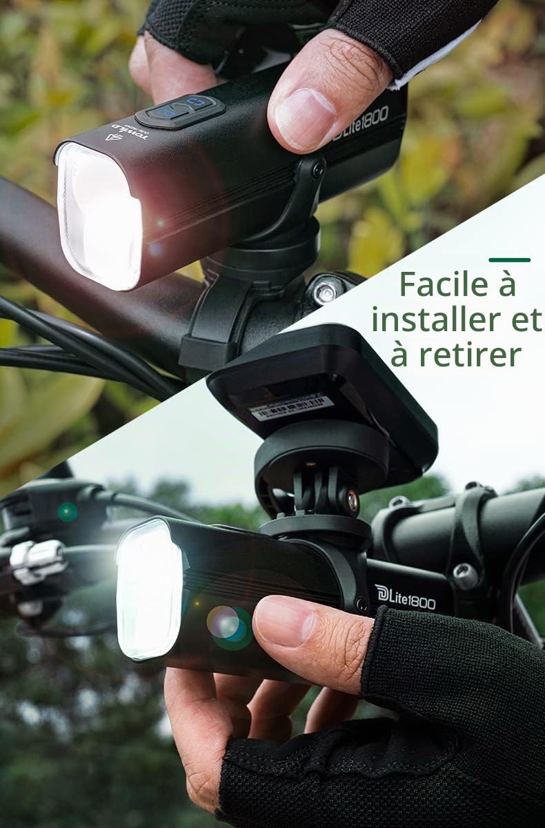 towild DLite1800 Eclairage Velo avec Télécommande sans Fil,Lampe Frontale Vélo 1800 Lumens Phare vélo à Double Source Lumineuse Haut Faisceau et Bas Faisceau Feux vélo Rechargeables 5000mAh pour VTT
