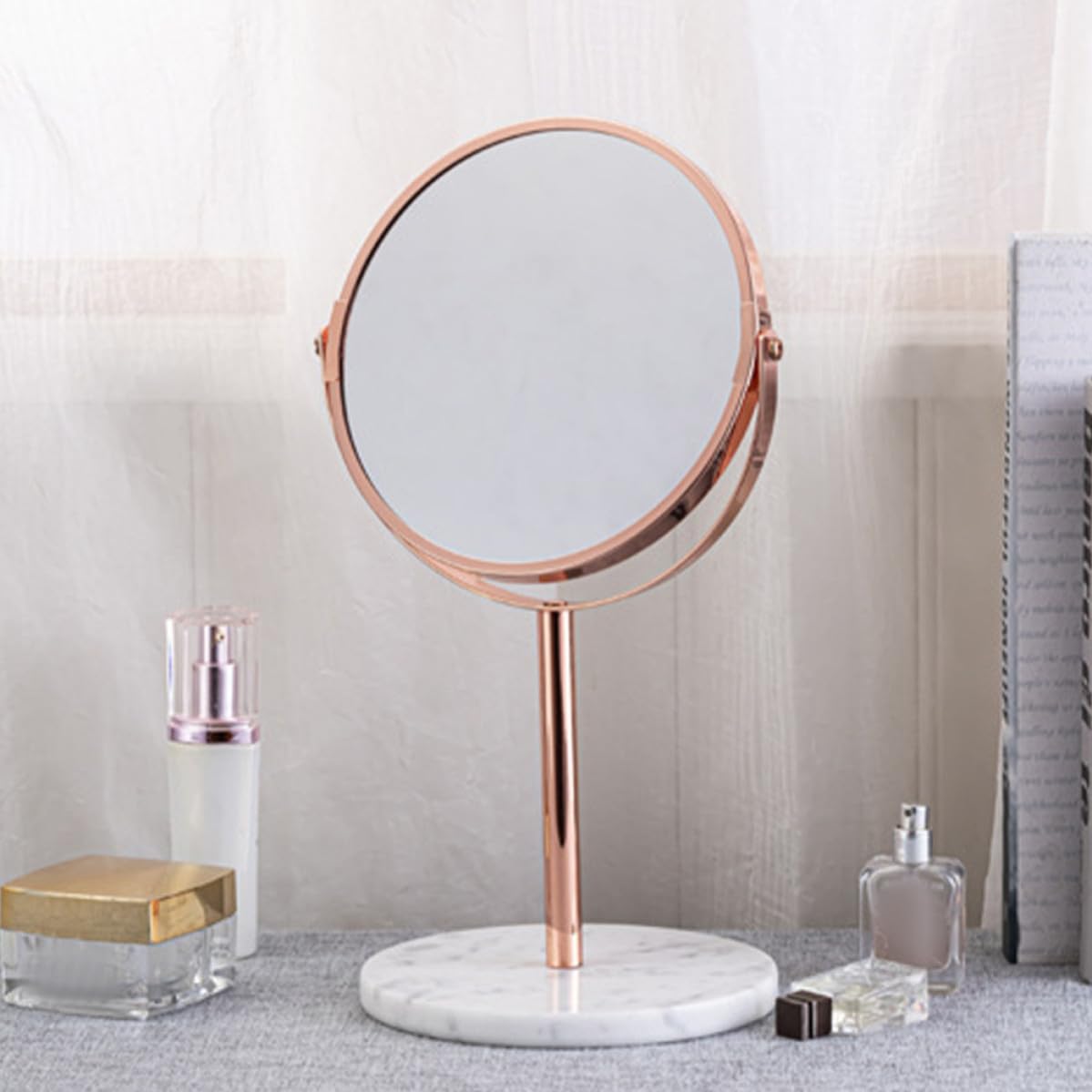 Mobestech Espejo de Maquillaje de Tocador Aumento 2X, Doble Cara Giratoria, Material de Mármol y Metal, Reflejo Claro para Maquillaje Diario y Vanidad