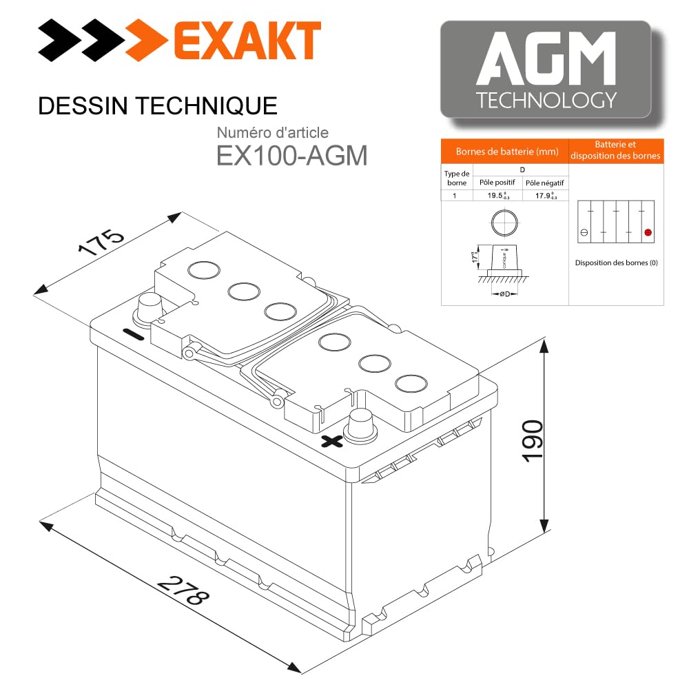 EXAKT Batteria AGM 100Ah 12V batteria per Camper Caravan Sistemi Off-Grid Pannelli Solari Barca resistente ai cicli Sigillata Senza Manutenzione