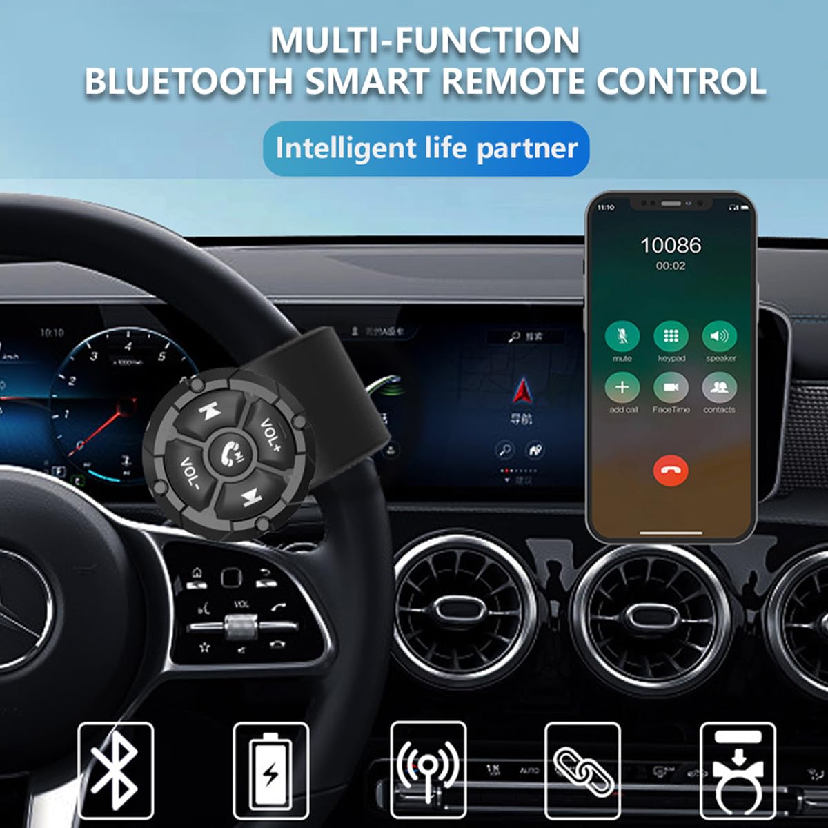 Tipo di cinturino Pulsante telecomando wireless per volante Pulsante multimediale universale impermeabile IP67 con pulsanti luminosi Bluetooth 5.3 compatibile per auto moto iOS e Android 4.0+