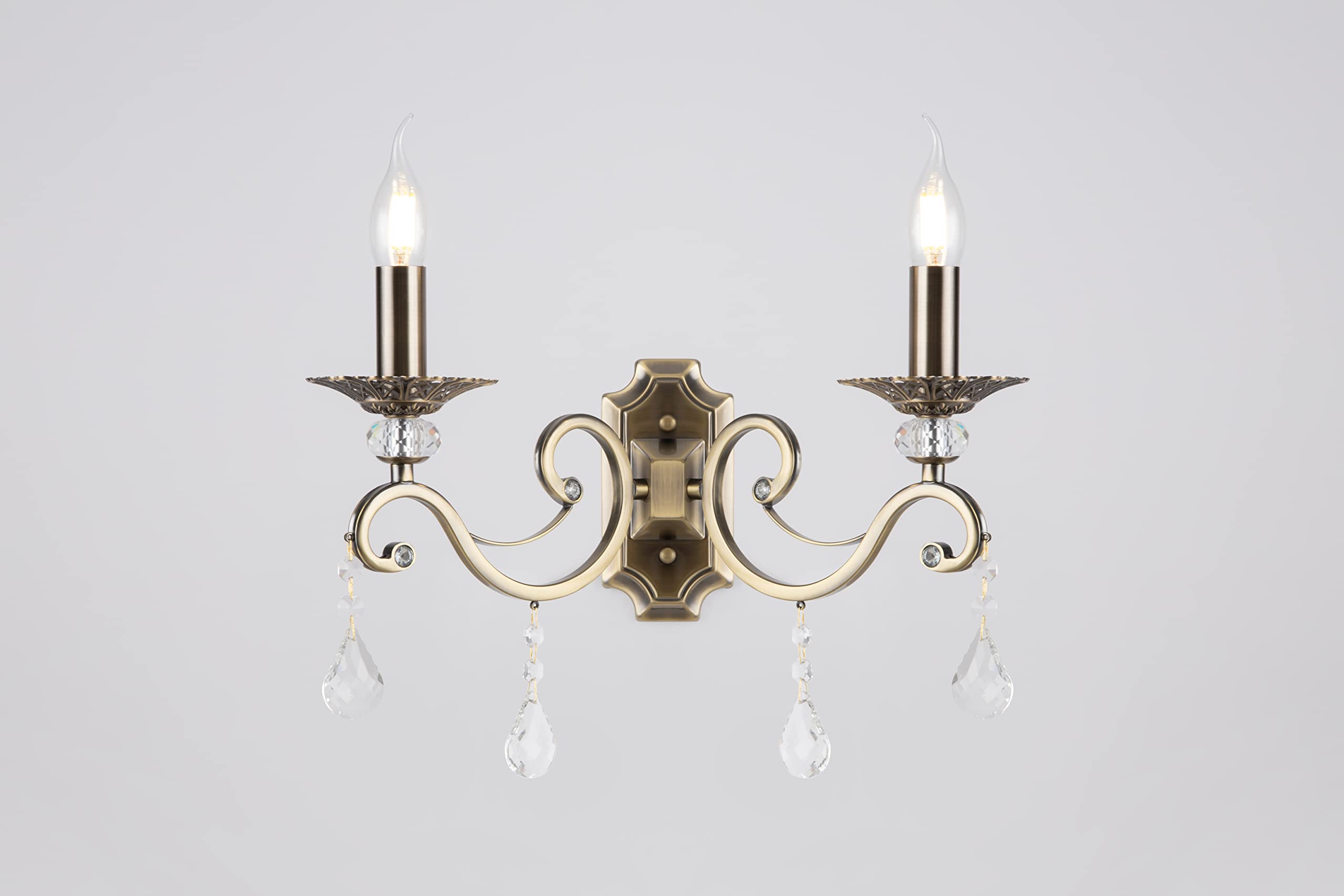 Classico Lampada da Parete, Applique Candelabro, 2 luci, Bronzo antico, pendenti gocce cristallo, Design Classic, per 2 lampadine E14 60W 220-240V non incl
