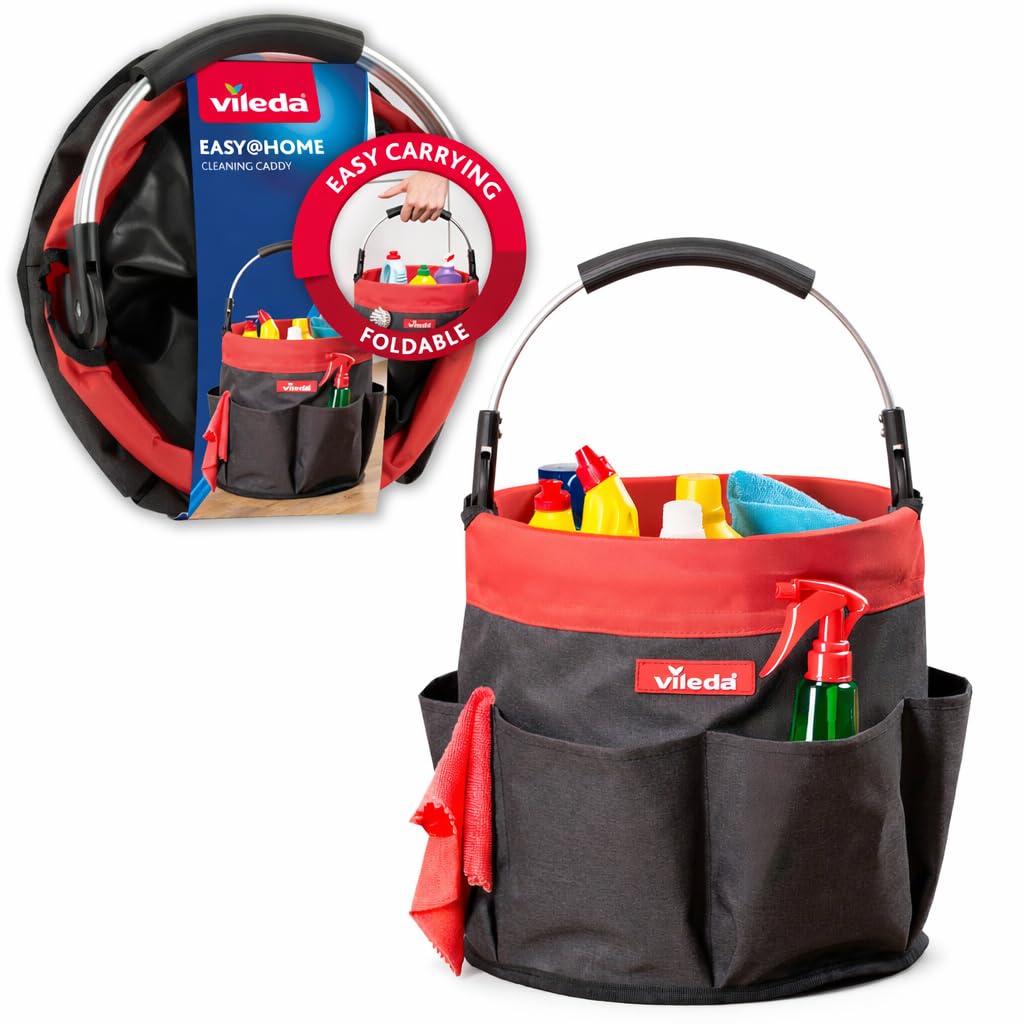 Vileda Cleaning Caddy – Borsa per Pulizie Pieghevole con 6 Scomparti – Organizer Impermeabile per Detersivi, Spugne e Panni – Manico Ergonomico – Portatile