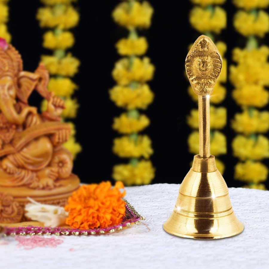 Ghanti for Puja Arti Prayer | Brass Pooja Bell for Temple Home Mandir Diwali Decoration Item | Traditional Religious and Spiritual Item (3.5 Inch Height) - 55 GMS