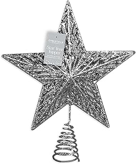 Tech Island Christmas Tree Topper, 17cm Star Tree Toppers Glitter Star Tree Topper Glittered Design Tree-top Star Christmas Tree Topper for Home Decoration (Silver)