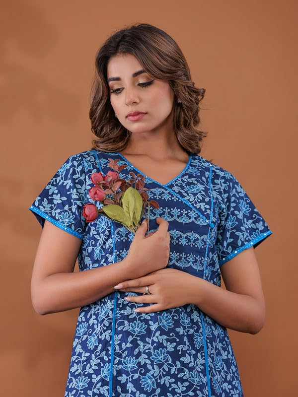 Image of NIHSAMAH Cotton Night Gown for Women - Angrakha Style Nighty, Comfortable Sleepwear /Nightwear /Maxi